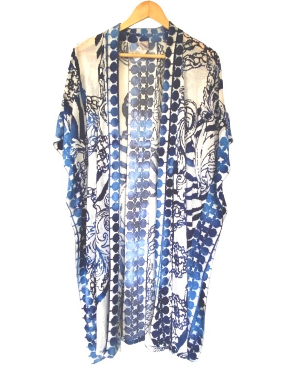 CHICO’S Calm Blue Knit Filigree Burnout Goddess Long Ruana Kimono Size S/M